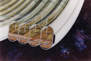Illustration for article titled NASA's dizzying concept art imagines ribbons of farmland in space
